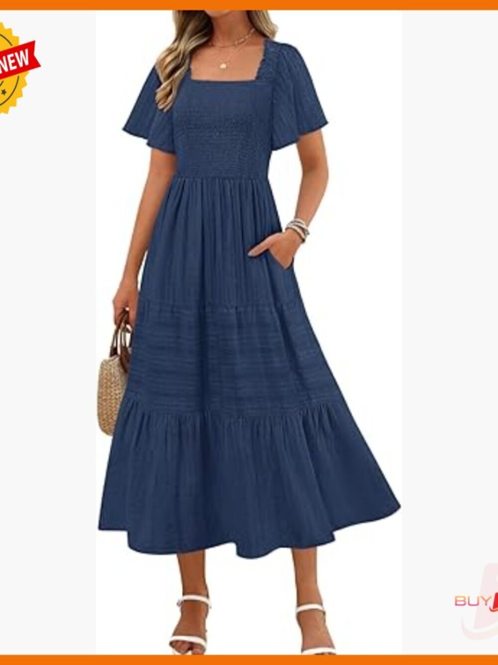 Summer Flowy Midi Dress with Pockets, Smocked Bust, Square Neck